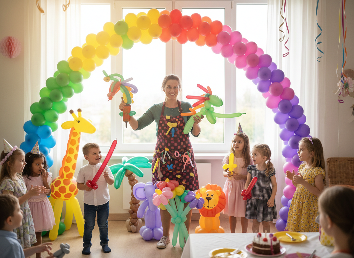 Renkli zincir balon süsleme sanatçısı çocuk partisinde